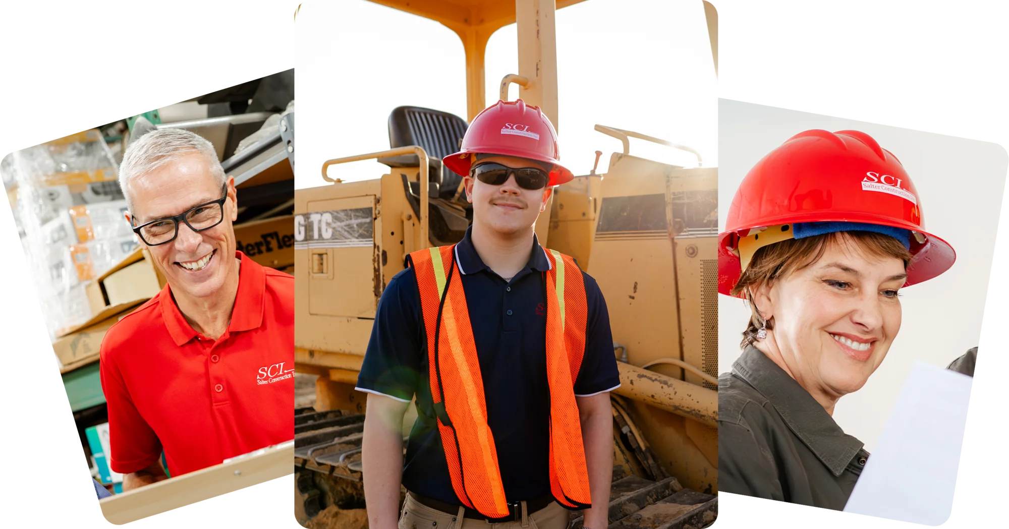 Three workers wearing red SCI-branded hard hats; one smiles in an office, another stands by construction equipment, the third reads a document outdoors.